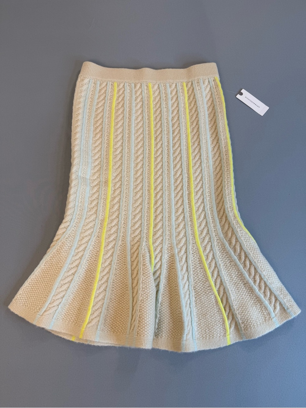 Anthropologie Maeve Cream Cable-Knit Flared Skirt Neon Yellow Trim NWT Size S
